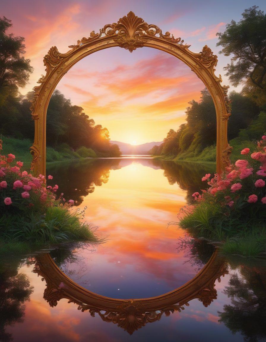 A captivating scene featuring a person looking into a mirror surrounded by a lush, vibrant landscape symbolizing joy and perspective. The mirror reflects a colorful, abstract representation of their inner happiness while the surroundings fade into a dull gray, highlighting the contrast. Light sparkles around the mirror, creating an ethereal effect of enlightenment. The sky is painted with warm hues of sunrise to convey hope. surreal. vibrant colors. 3D.