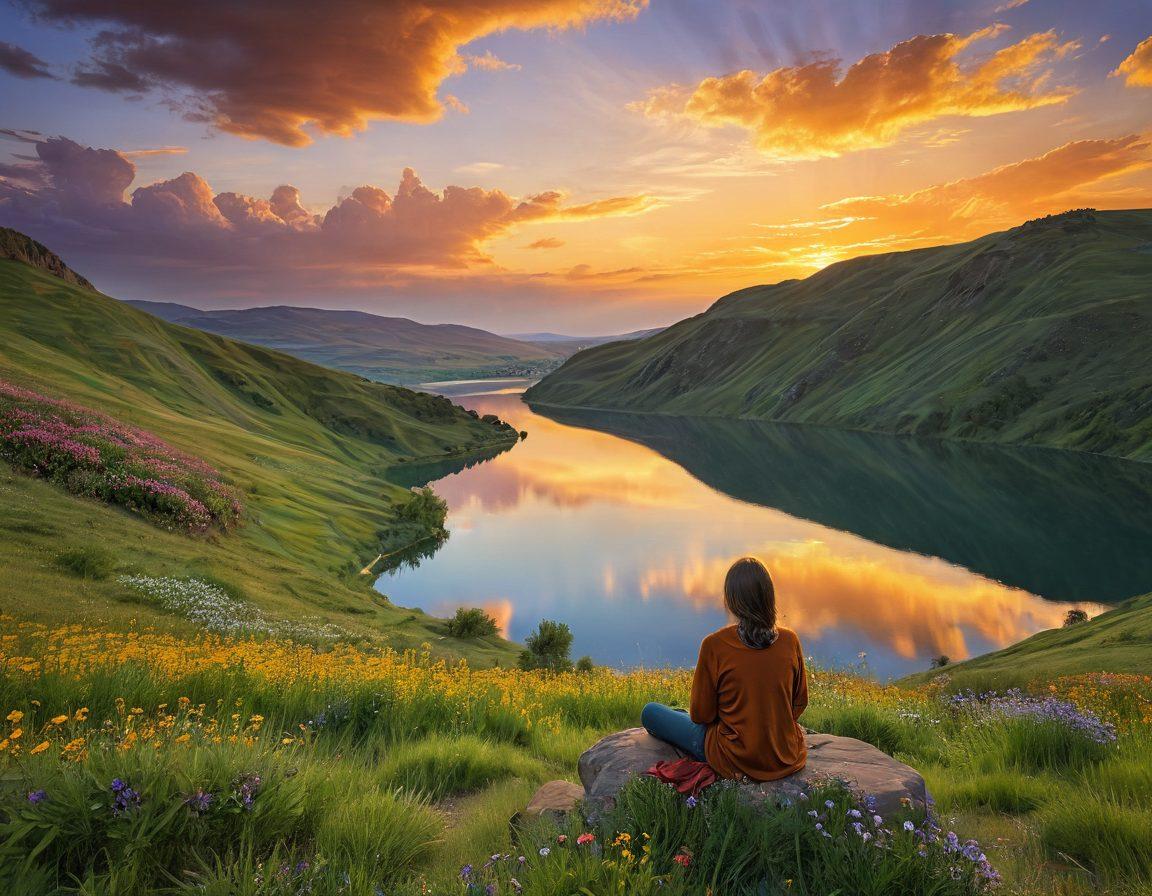 A tranquil scene featuring a person sitting on a hilltop, gazing at a magnificent sunset that casts golden light over a lush green valley. Surrounding them are vivid wildflowers representing joy and contentment. The sky is bright and colorful, symbolizing a positive perspective. Elements of reflection like a calm lake mirroring the sky enhance the theme of embracing joy. surrealistic. vibrant colors. warm tones.