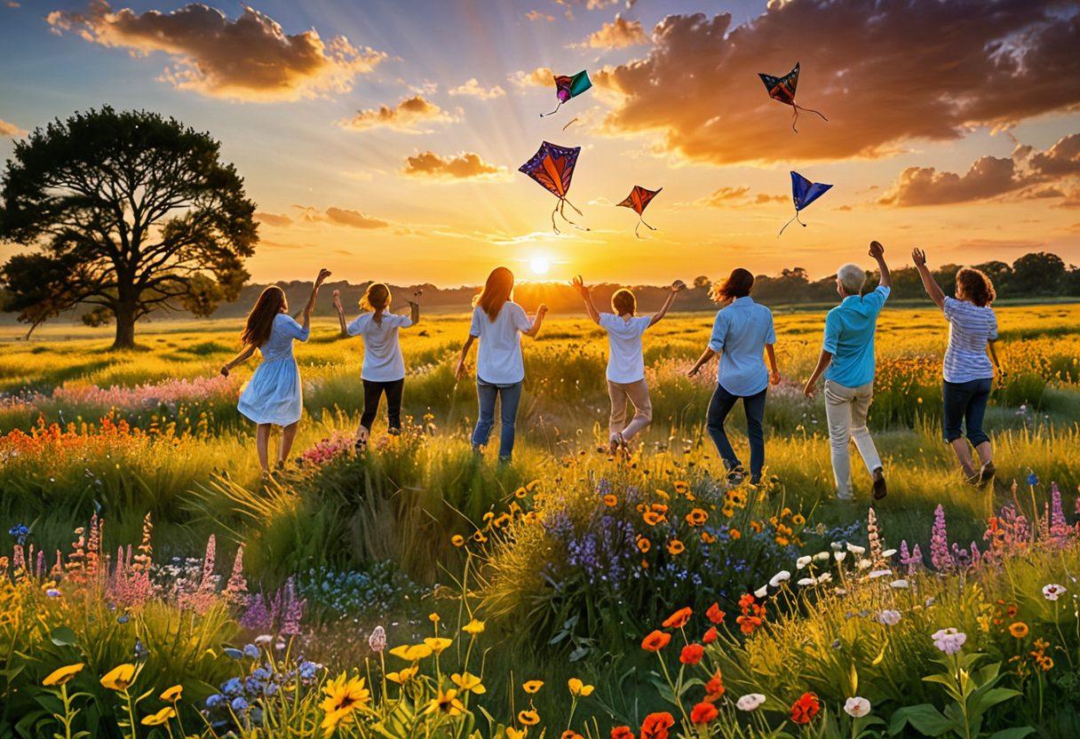 A radiant sun rising over a serene landscape filled with colorful wildflowers, symbolizing positivity and growth. A diverse group of people, of different ages and backgrounds, laughing and engaging joyfully in playful activities like kite flying and picnicking. Soft, warm colors dominate the scene, evoking a sense of happiness and optimism. ethereal, dreamlike quality. vibrant colors. soft focus.